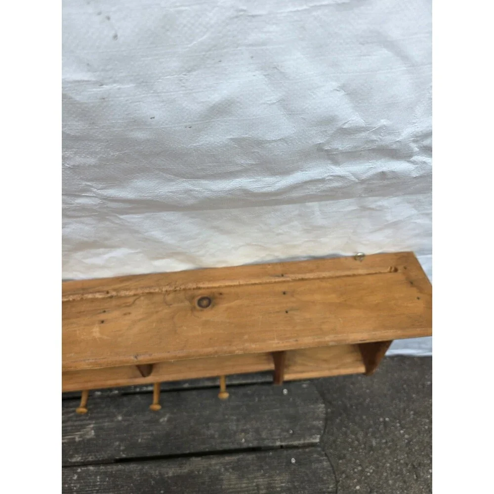 Vintage Wooden Wall Shelf Coat Rack Pegs Spice Display Country Farmhouse Rustic